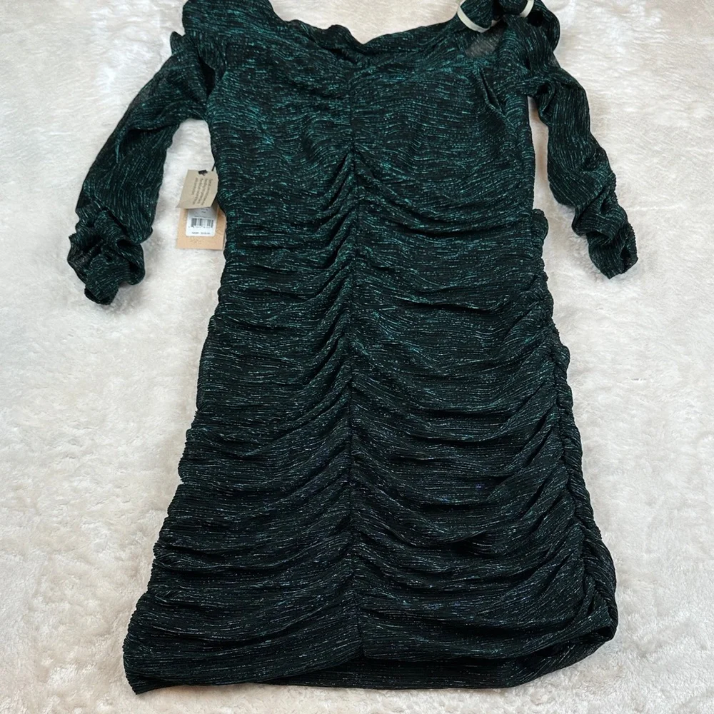 NWT Bailey 44 Kha Emerald Metallic Shimmer Ruched Long Sleeve Dress XL MSRP $228